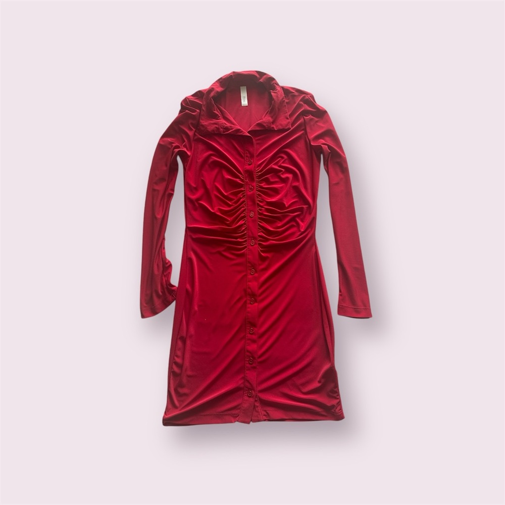 Red Long Sleeve Ruched Dress